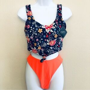Zaful Vibrant Floral Top Scoop Neck Knotted High Cut Leg Bikini Swim Set Size M
